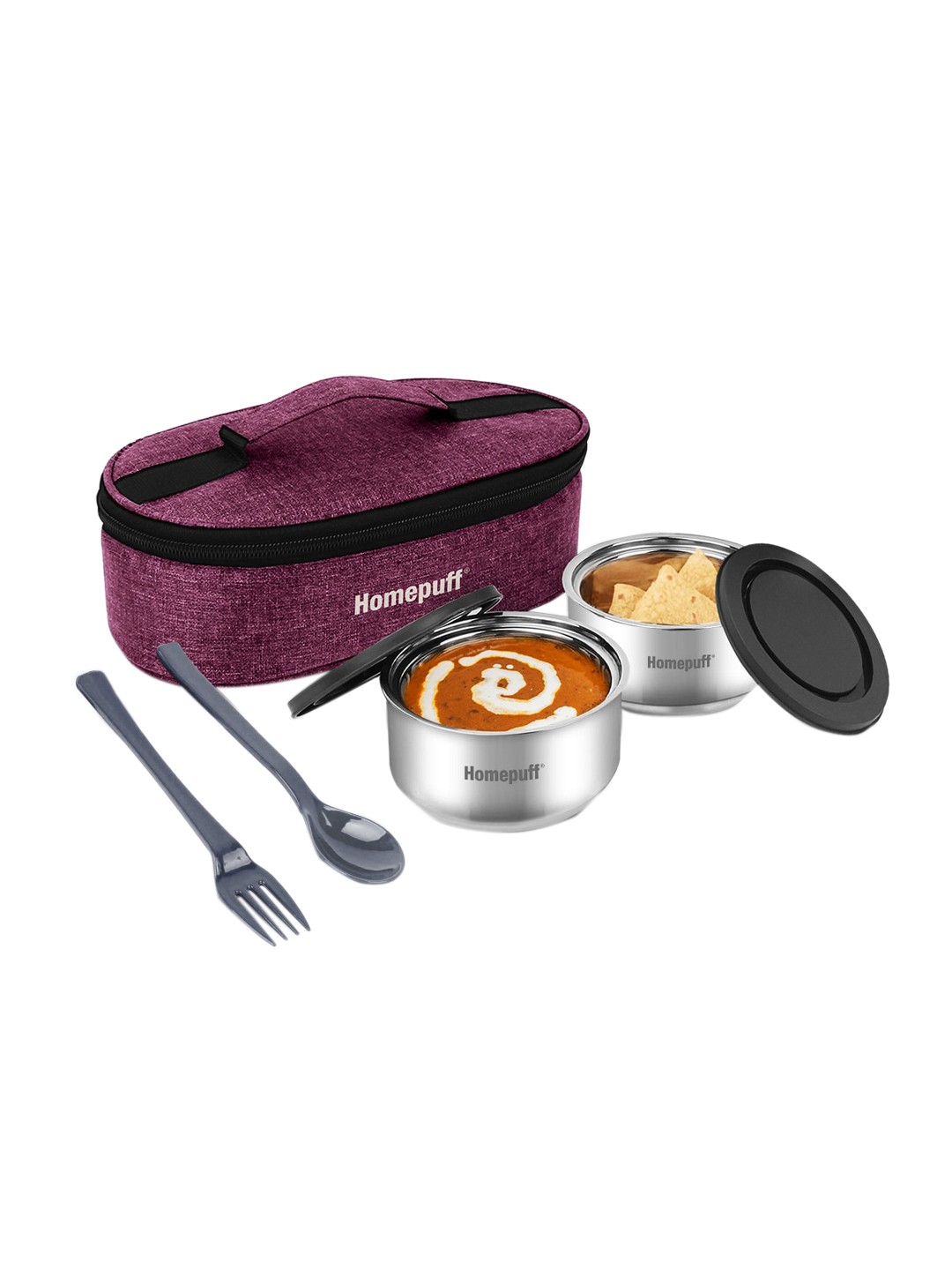 

Home Puff Maroon 2-Pieces Stainless Steel Dishwasher Safe Lunch Box With Lunch Bag