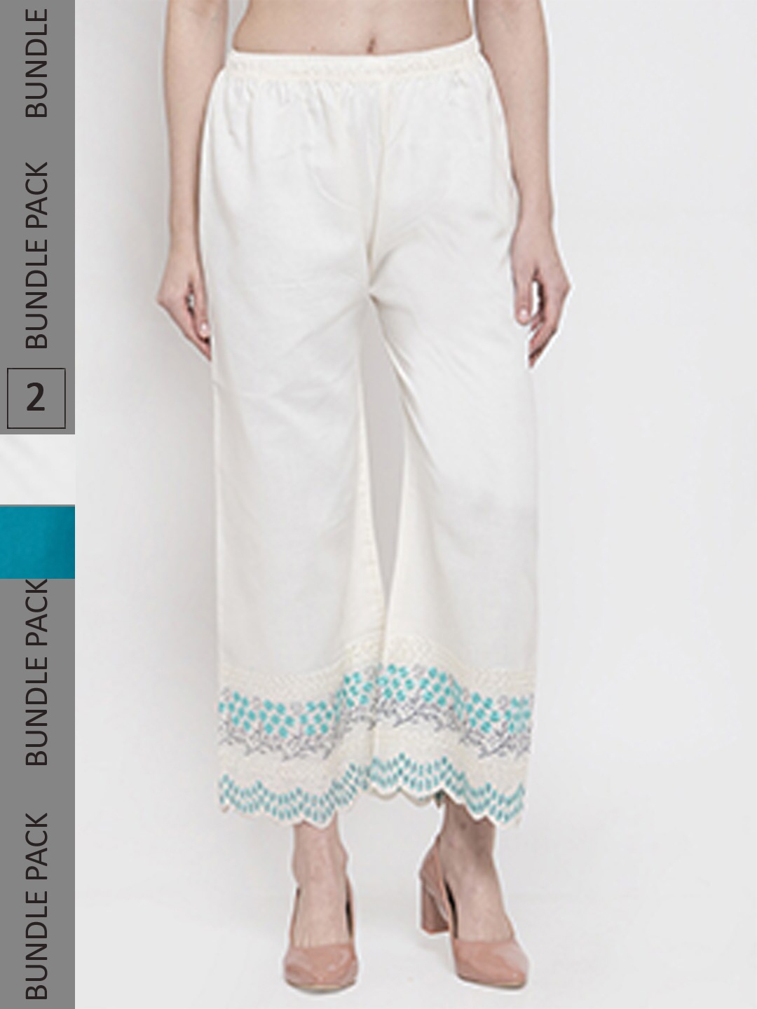 

borse lele Women Pack Of 2 Mid-Rise Floral Embroidered Knitted Palazzos, White