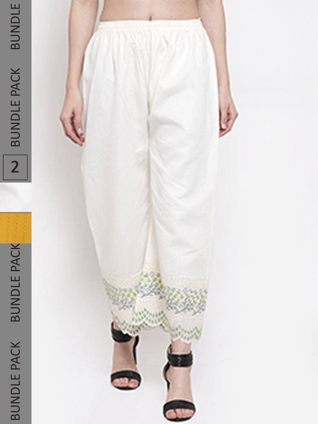 

borse lele Women Pack Of 2 Floral Embroidered Knitted Flared Palazzos, White