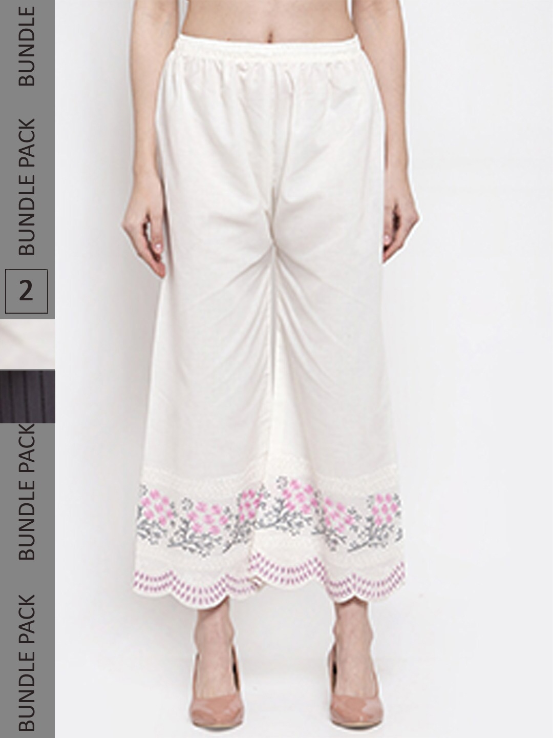 

borse lele Women Pack Of 2 Mid-Rise Floral Embroidered Knitted Palazzos, White