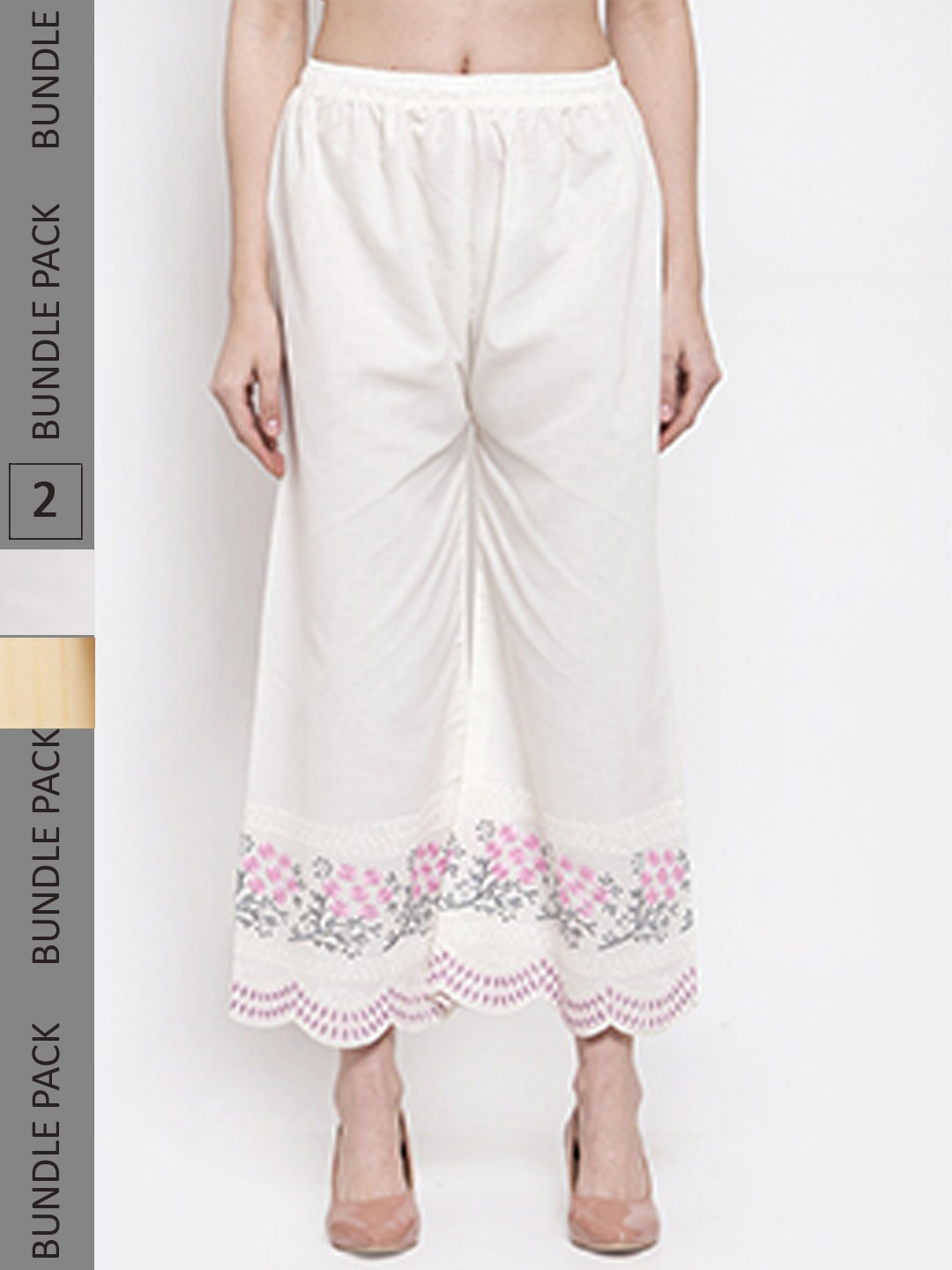

borse lele Women Pack Of 2 Mid-Rise Floral Embroidered Knitted Palazzos, White