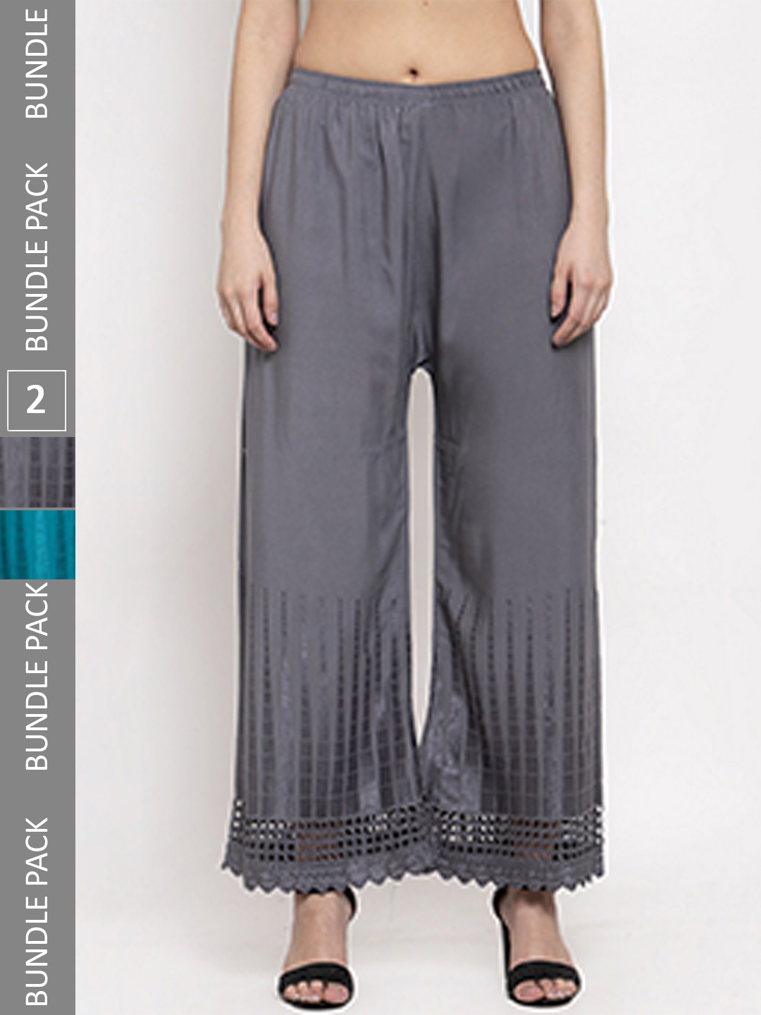 

borse lele Women Pack Of 2 Mid-Rise Knitted Palazzos, Grey