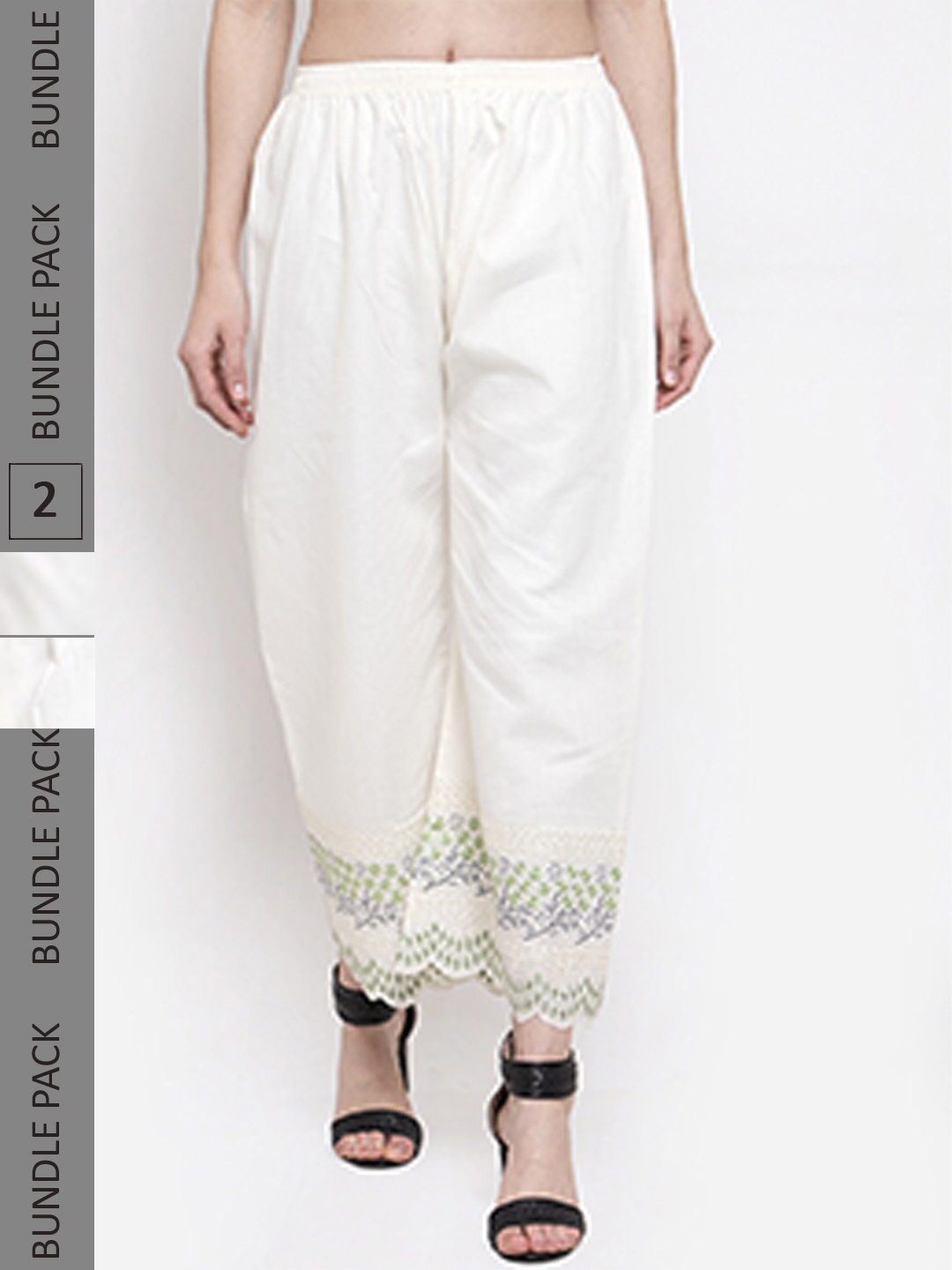 

borse lele Women Pack Of 2 Mid-Rise Floral Embroidered Knitted Palazzos, White