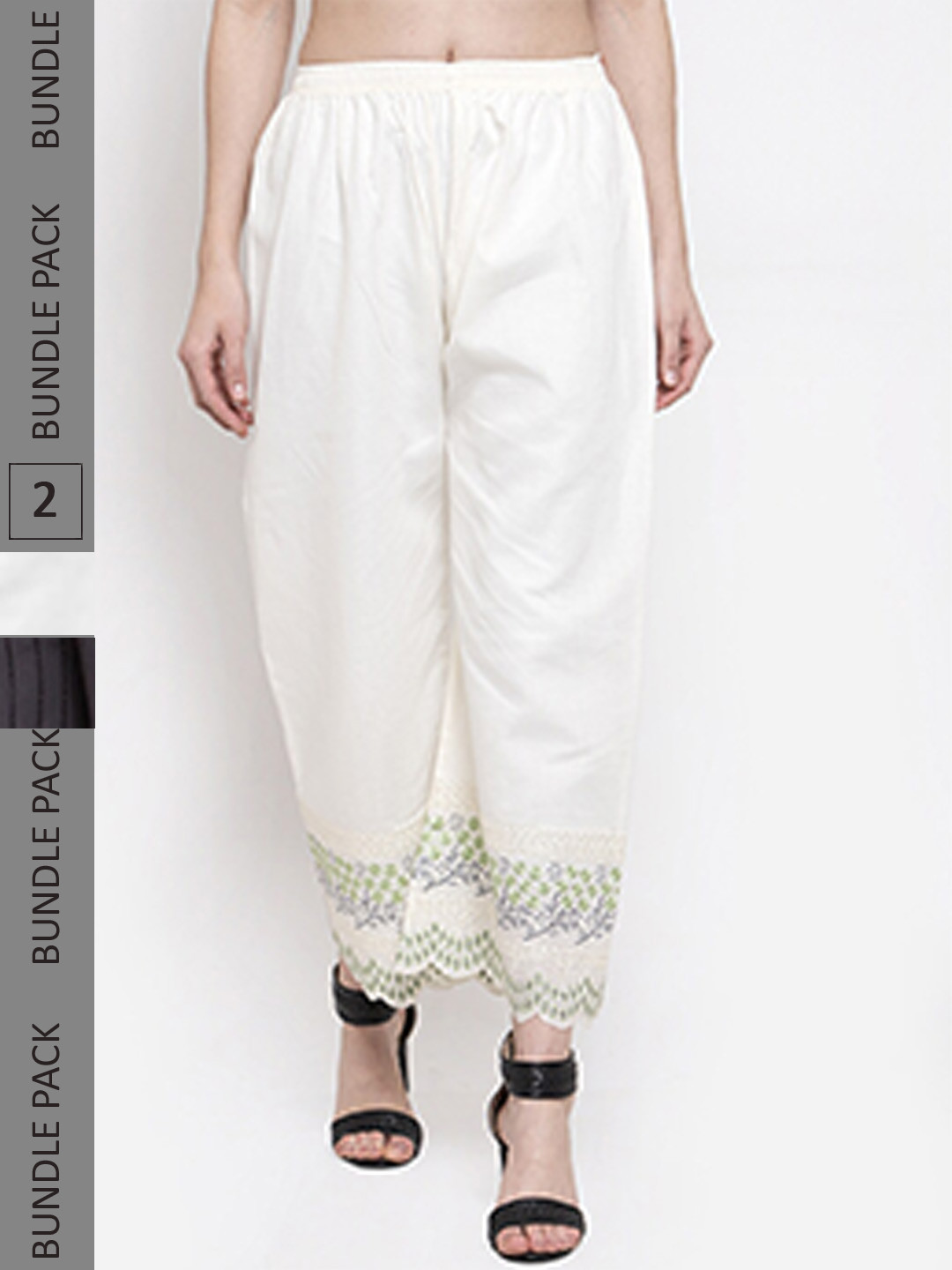 

borse lele Women Pack Of 2 Floral Embroidered Knitted Flared Palazzos, White