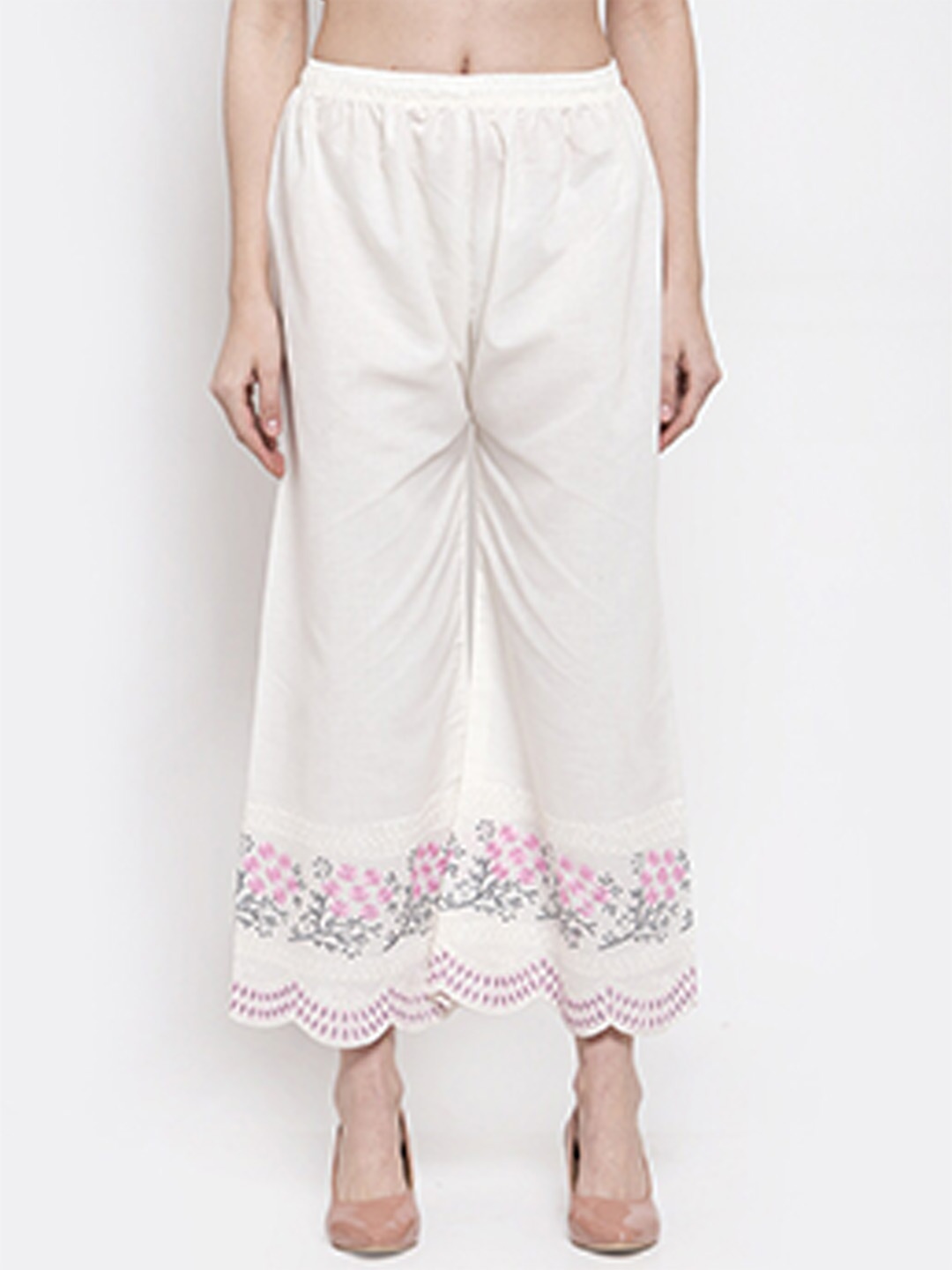 

borse lele Women Pack Of 2 Floral Printed Flared Knitted Palazzos, White