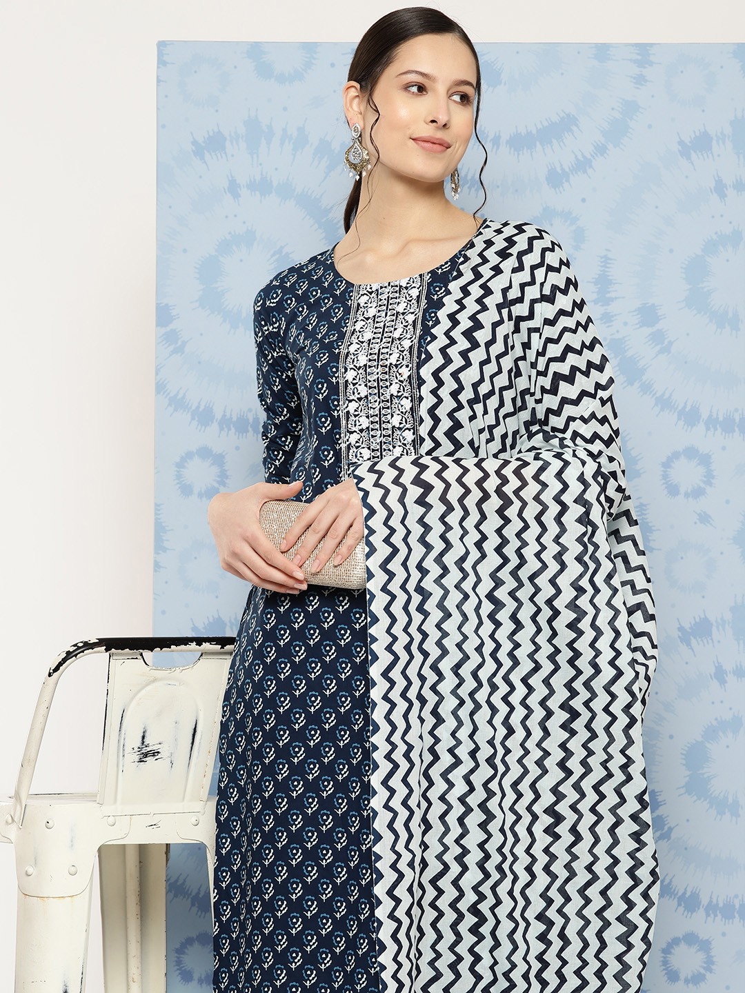

Yufta Ethnic Motifs Embroidered Detail Printed Pure Cotton Kurta Set With Dupatta, Navy blue