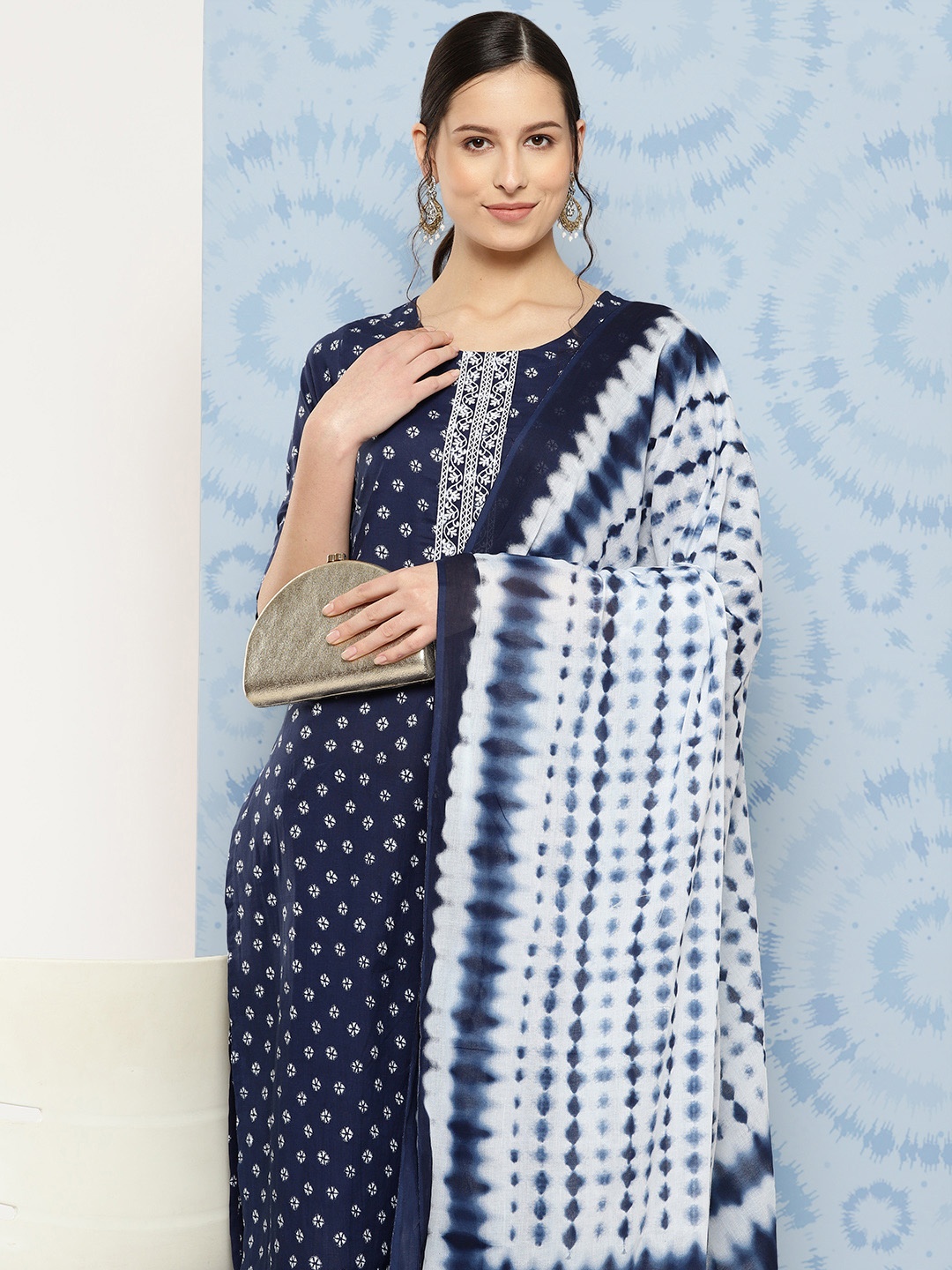 

Yufta Ethnic Motifs Embroidered Pure Cotton Kurta with Trousers & Dupatta, Navy blue