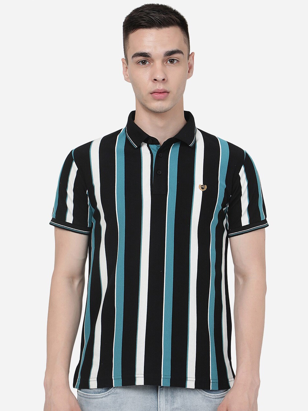 

JADE BLUE Vertical Striped Polo Collar Pure Cotton Slim Fit T-shirt, Black