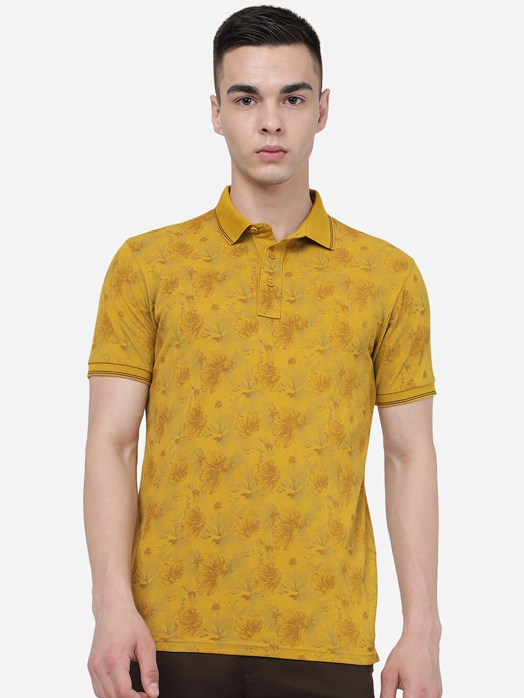 

JADE BLUE Floral Printed Polo Collar Slim Fit Pure Cotton T-Shirt, Yellow