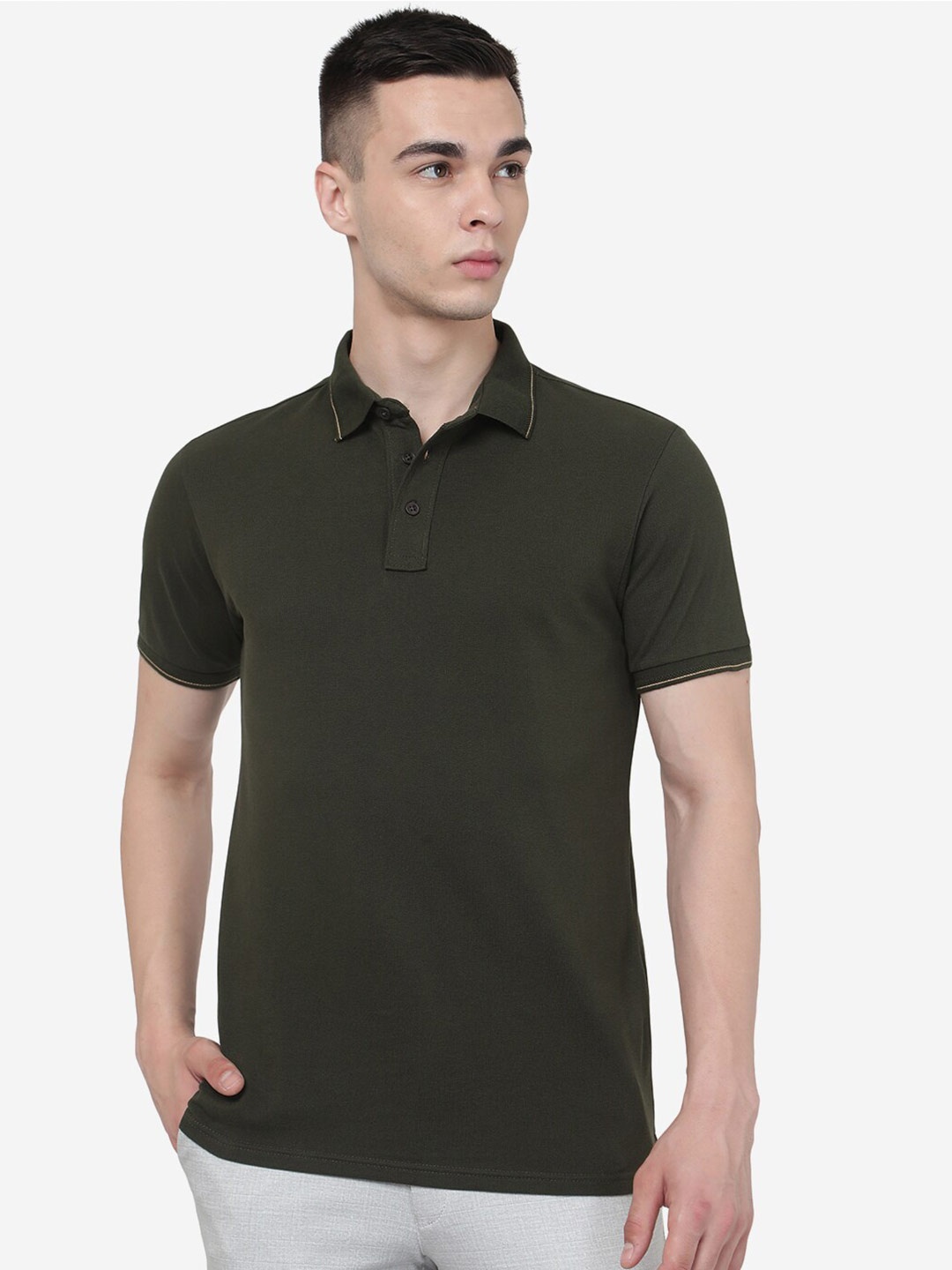 

JADE BLUE Polo Collar Pure Cotton Slim Fit T-shirt, Olive