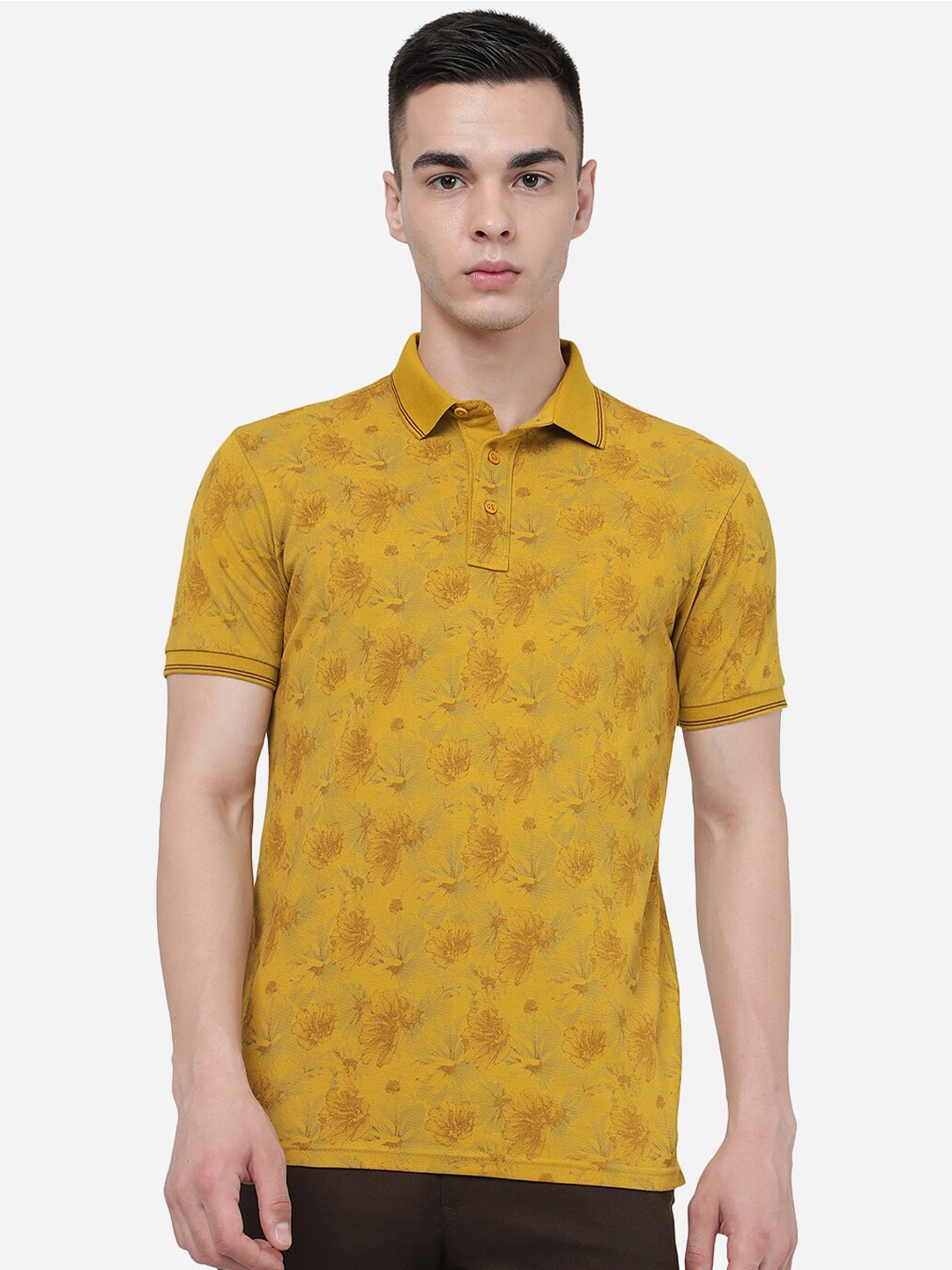 

JADE BLUE Floral Printed Polo Collar Pure Cotton Slim Fit T-shirt, Mustard