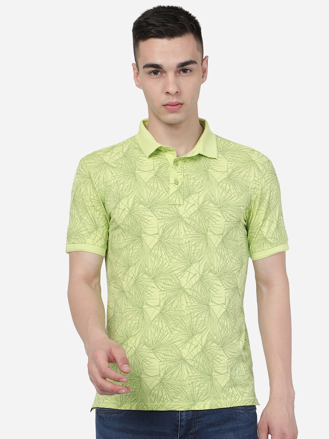 

JADE BLUE Geometric Printed Polo Collar Pure Cotton Slim Fit T-shirt, Yellow
