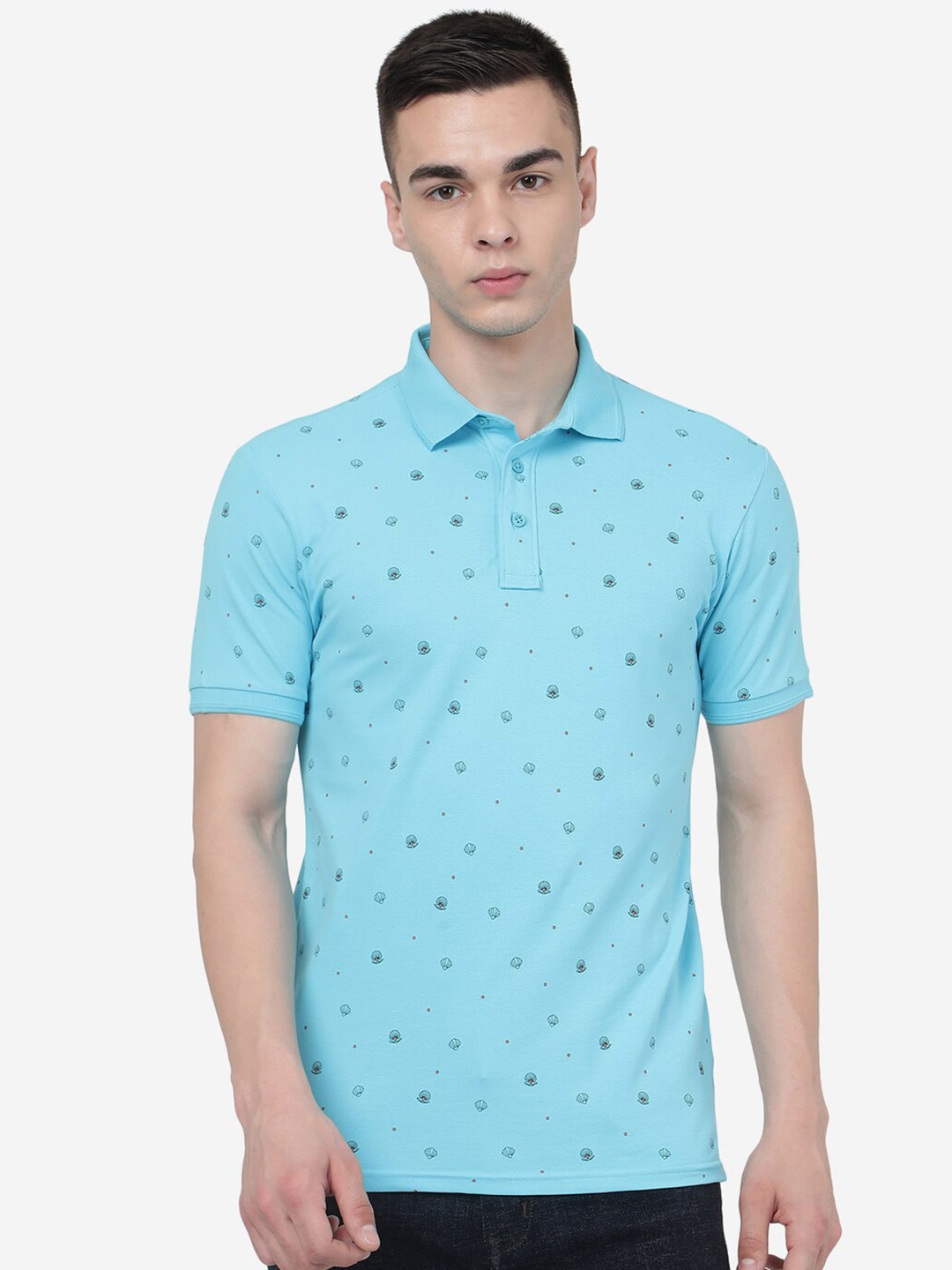 

JADE BLUE Conversational Printed Polo Collar Pure Cotton Slim Fit T-shirt