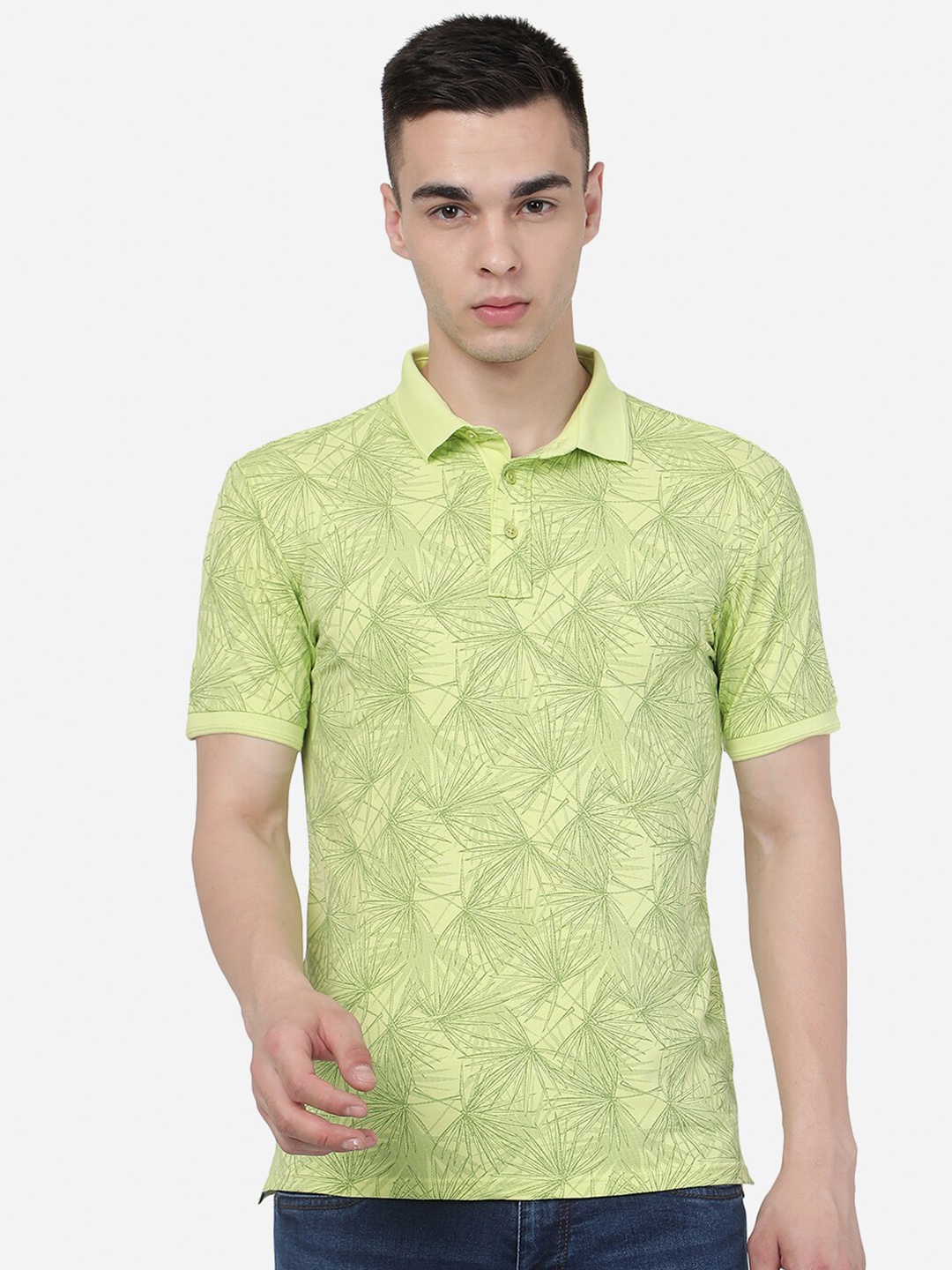 

JADE BLUE Tropical Printed Polo Collar Pure Cotton Slim Fit T-shirt, Yellow