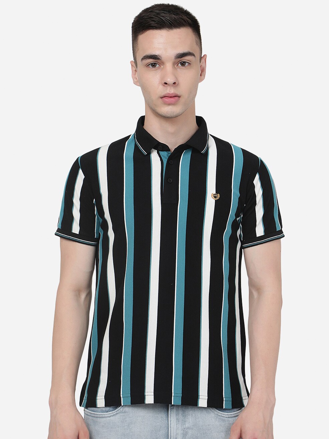 

JADE BLUE Striped Polo Collar Pure Cotton Slim Fit T-shirt, Black