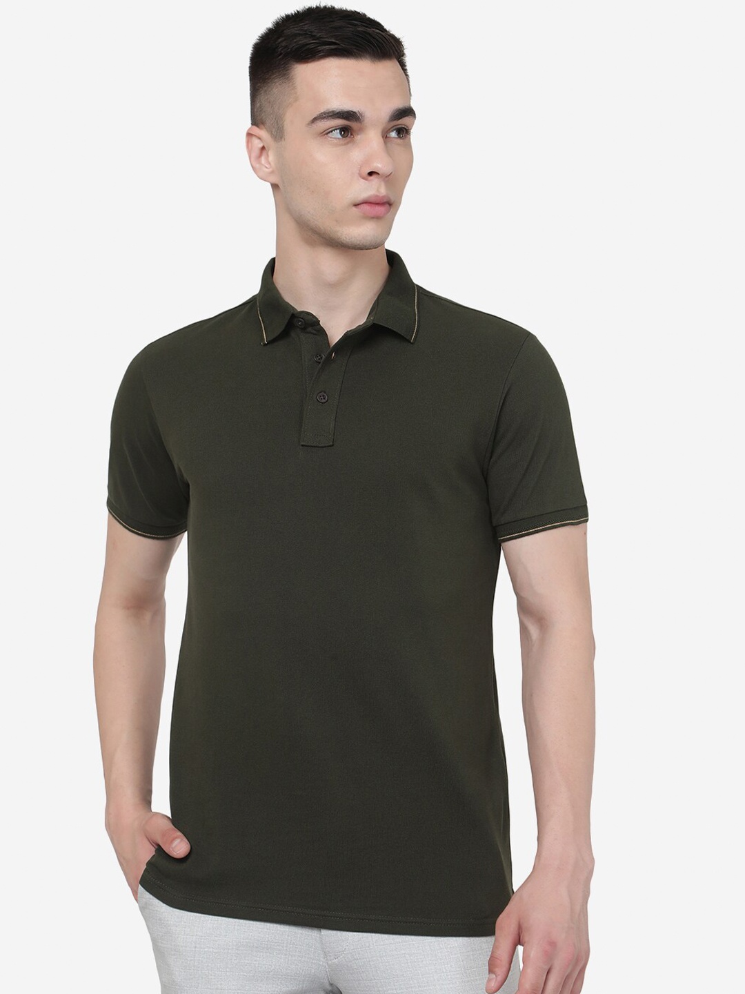 

JADE BLUE Polo Collar Pure Cotton Slim Fit T-shirt, Olive