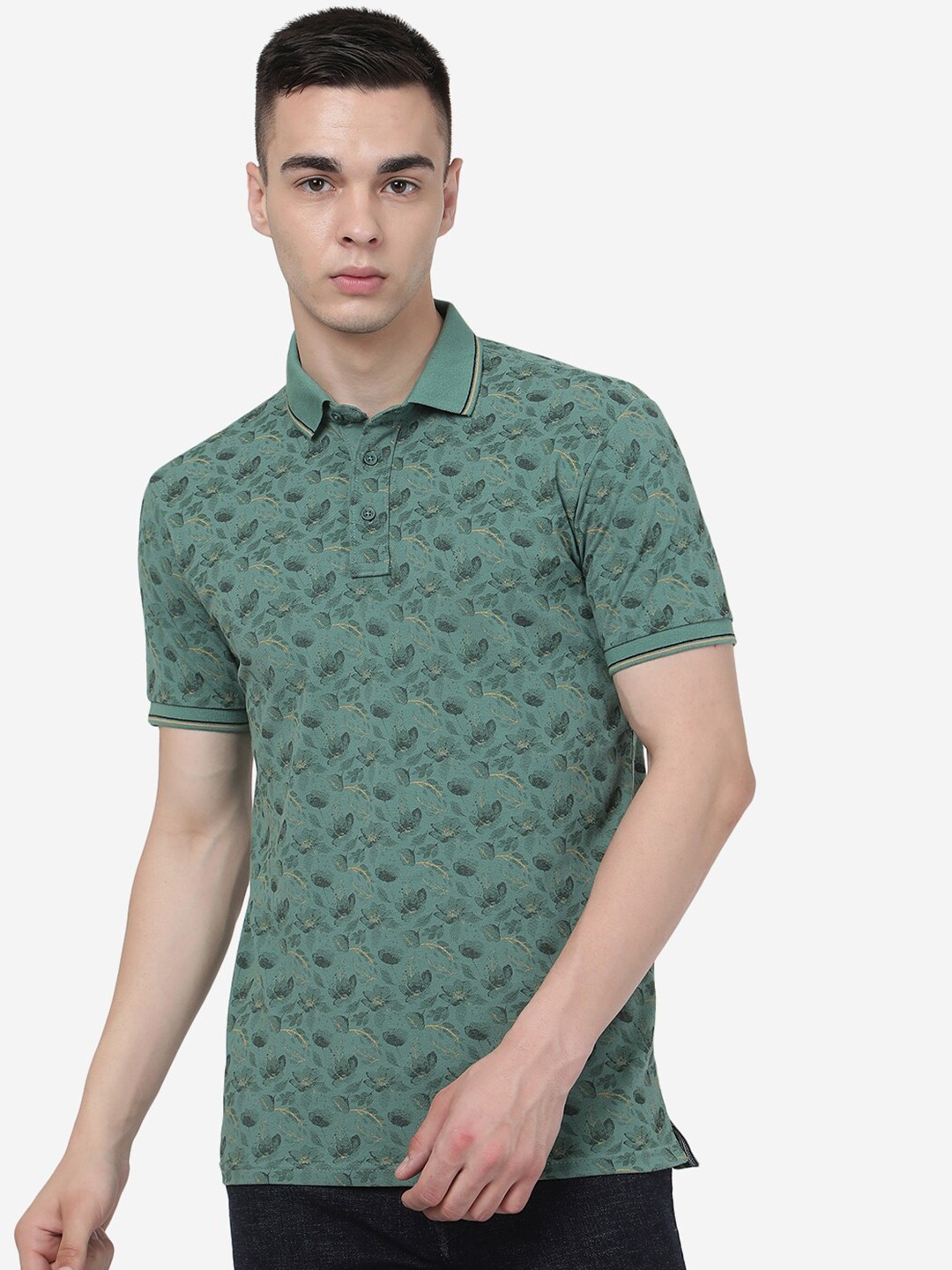 

JADE BLUE Floral Printed Polo Collar Pure Cotton Slim Fit T-shirt, Green