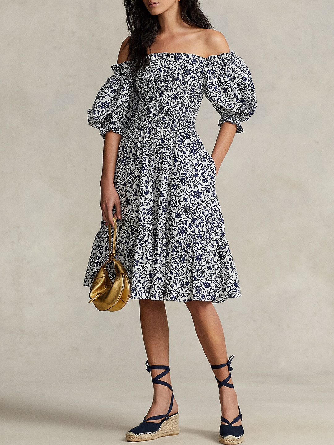 

Polo Ralph Lauren Floral Printed Smocked Cotton Fit & Flare Dress, Navy blue
