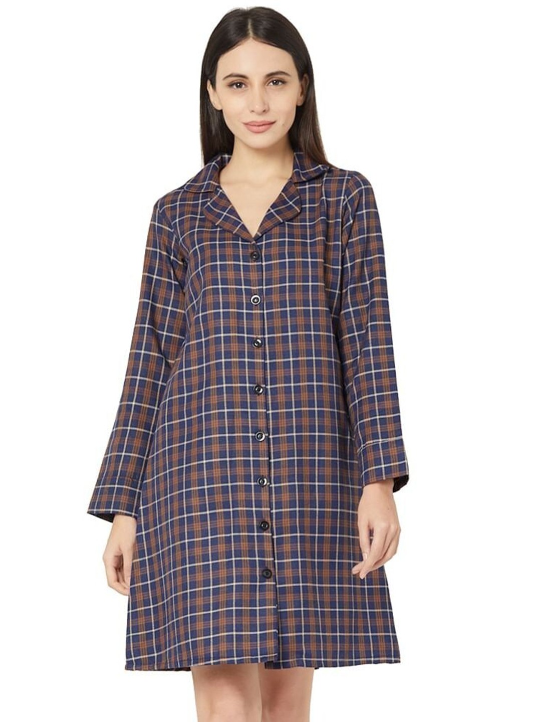 

Taggd Lapel Collar Checked Full Sleeve Mini Dress, Navy blue