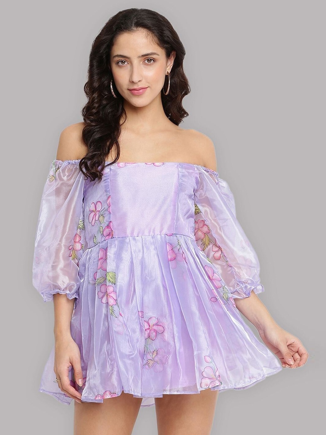 

Taggd Floral Printed Off-Shoulder Puff Sleeves Organza A-Line Mini Dress, Lavender