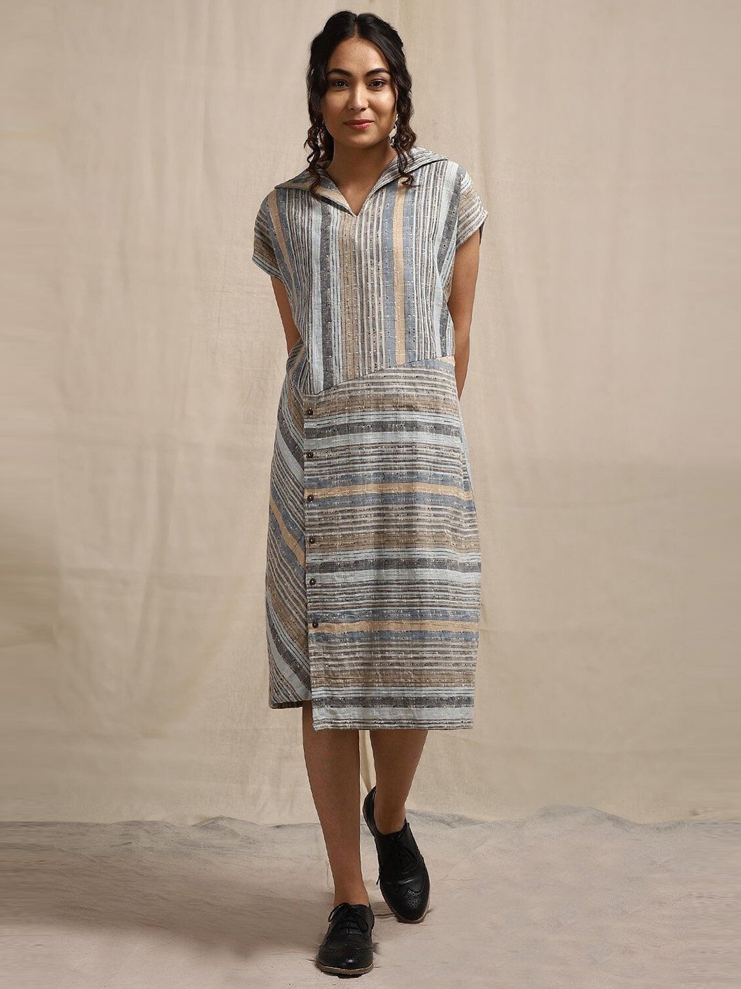 

Taggd Striped Shirt Collar Cotton A-Line Midi Dress, Grey