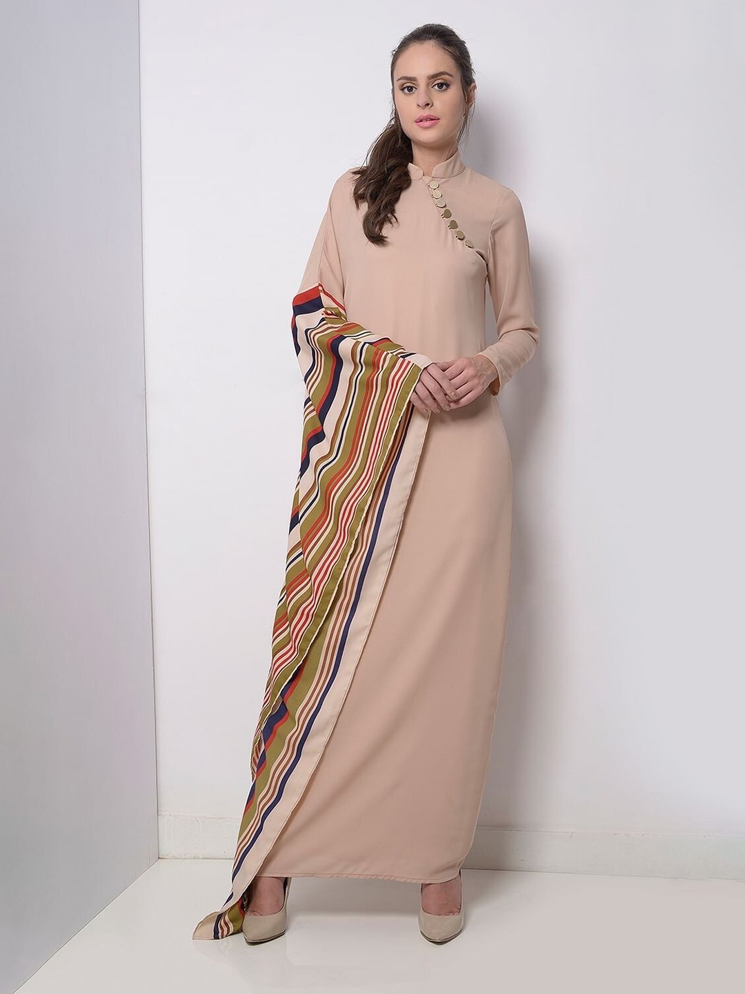 

Taggd Striped Batwing Sleeves A-Line Maxi Dress, Beige