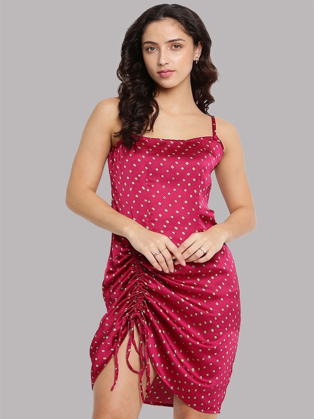 

Taggd Polka Dot Print Runched Sheath Mini Dress, Purple