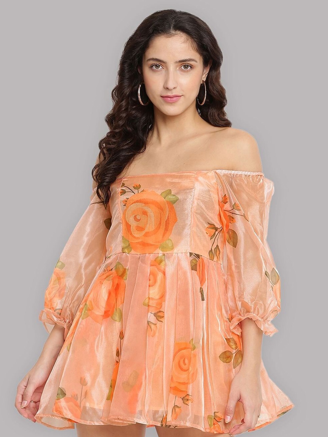 

Taggd Floral Printed Off-Shoulder Fit & Flare Dress, Orange