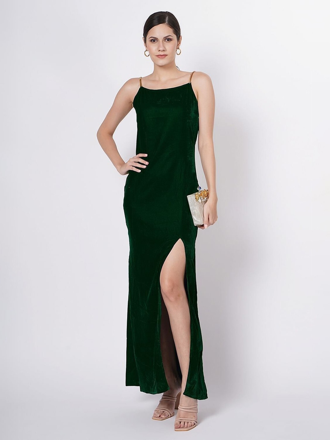 

Taggd Shoulder Strap Velvet Maxi Dress, Green