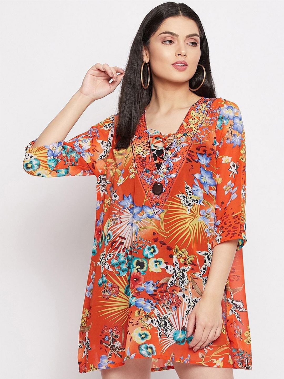 

Taggd Floral Printed A-Line Mini Dress, Orange