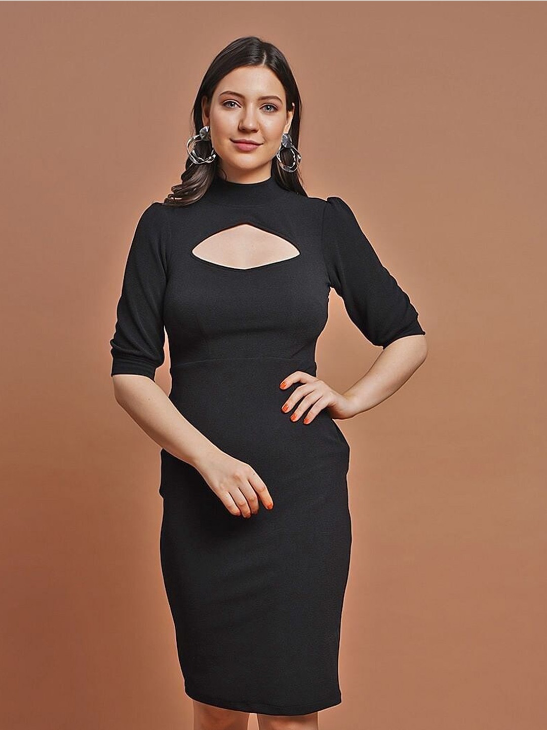 

Taggd High Neck Puff Sleeves Cut Out Bodycon Dress, Black