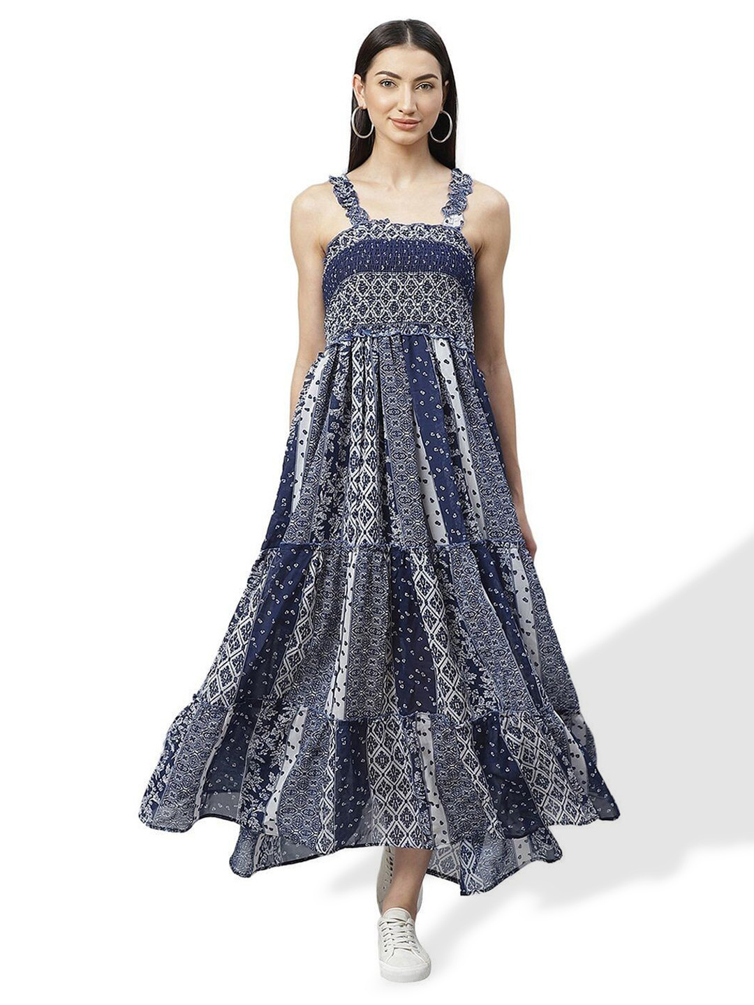 

Taggd Ethnic Printed Sleeveless Tiered Georgette Fit & Flare Dress, Blue