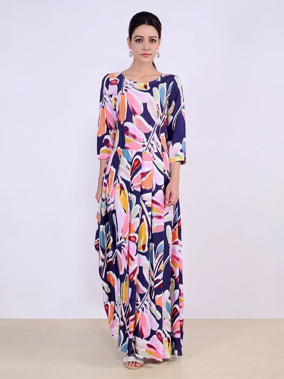 

Taggd Floral Printed Fit & Flare Midi Dress, Navy blue