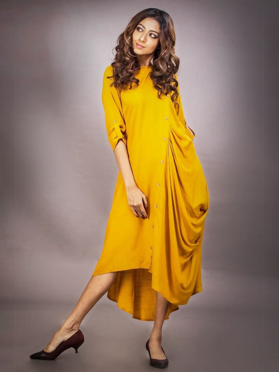 

Taggd Boat Neck Drapped High-Low Midi Dress, Yellow