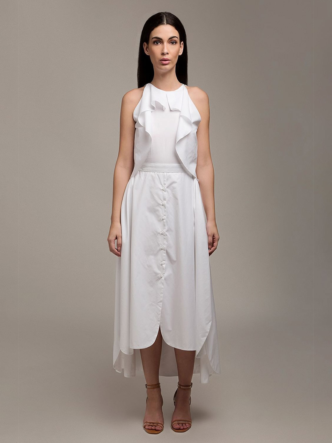 

Taggd Sleeveless Ruffled High-Low A-Line Midi Dress, White