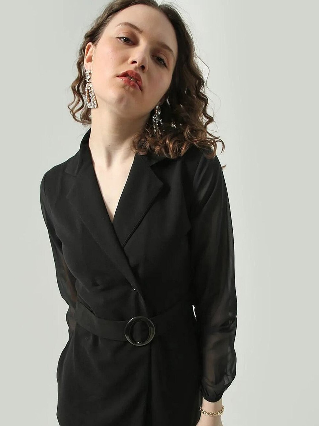 

Taggd Lapel Collar Full Sleeve Blazer Wrap Dress, Black