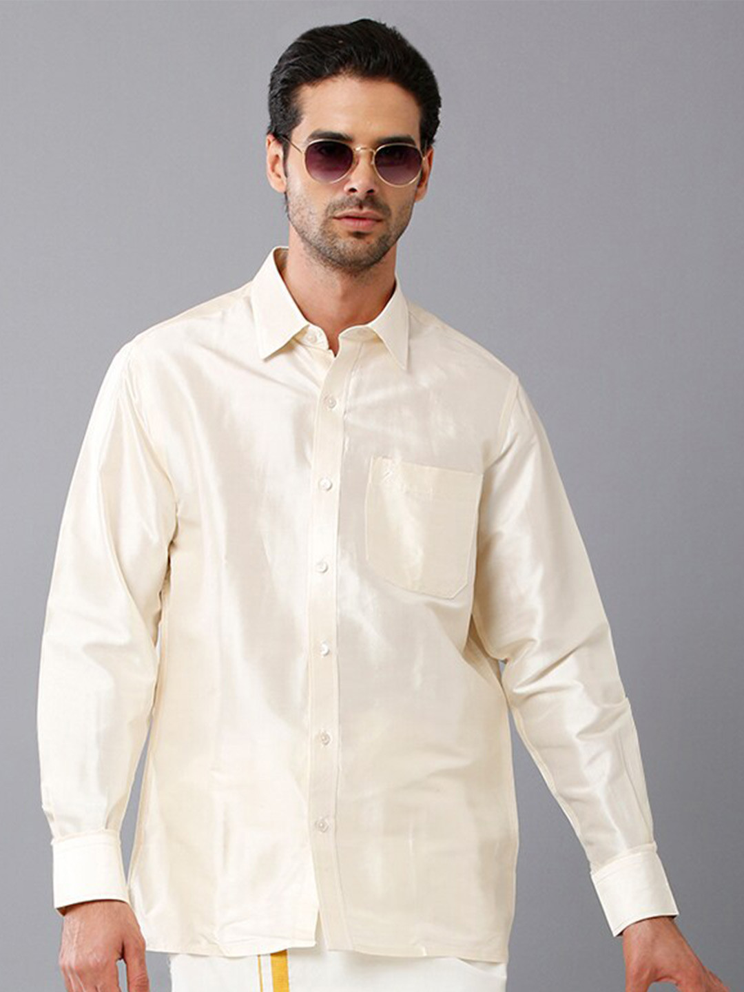 

Khoday Williams Spread Collar Classic Opaque Silk Ethnic Shirt, Off white