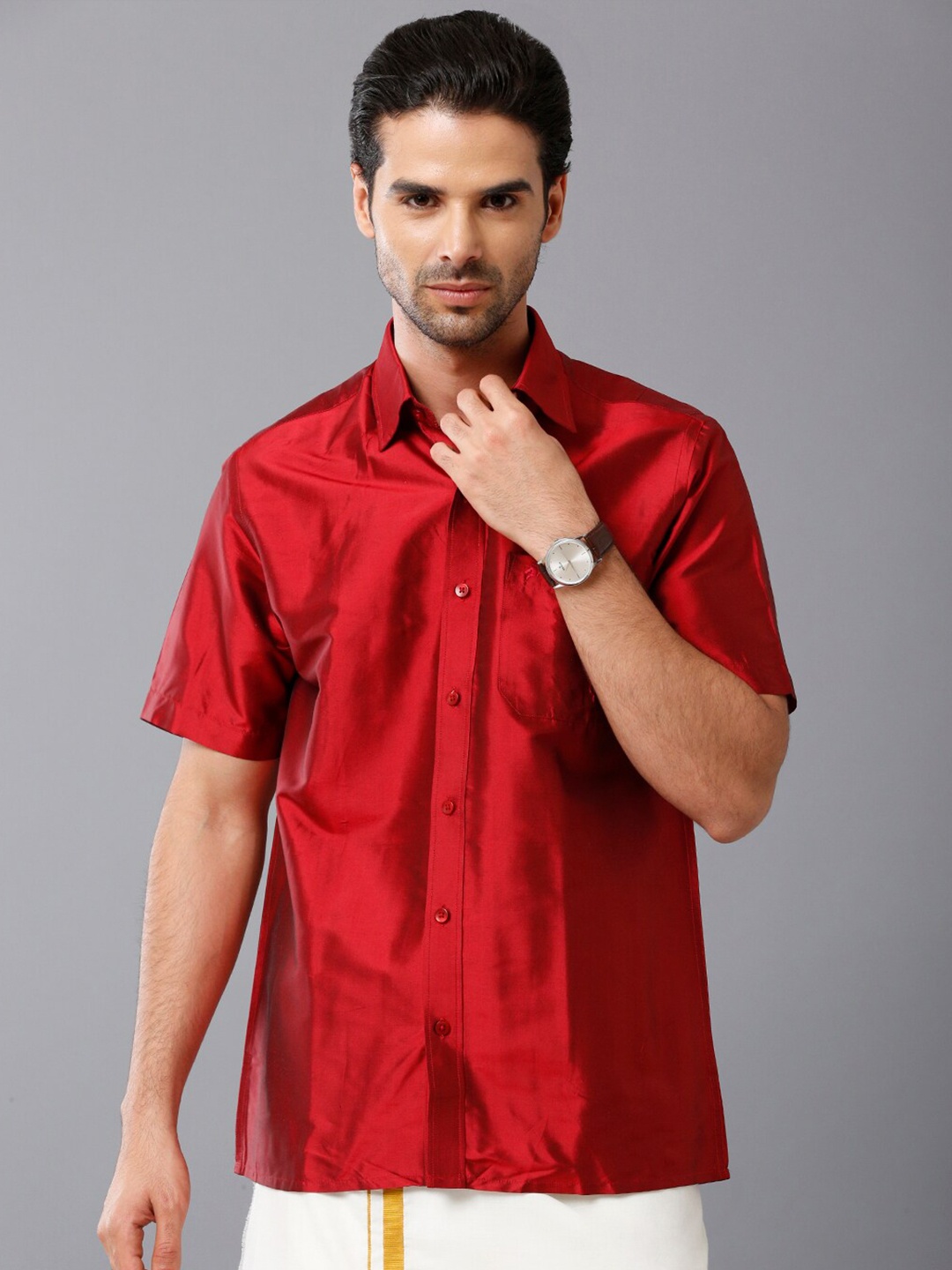 

Khoday Williams Spread Collar Classic Opaque Silk Ethnic Shirt, Red
