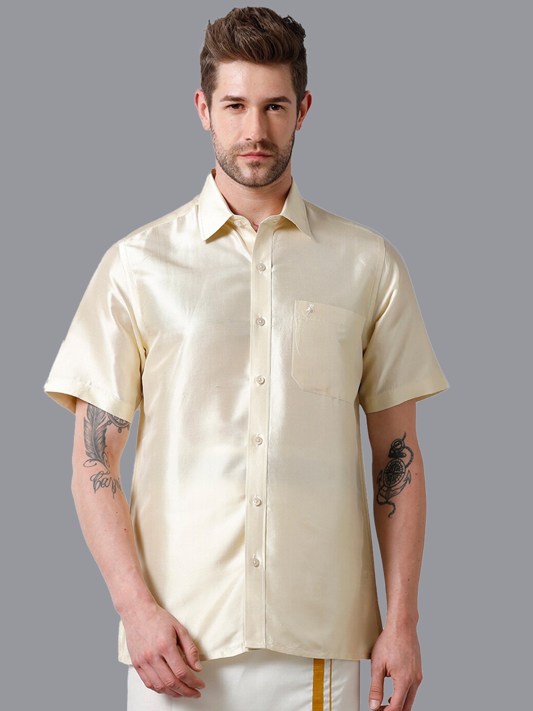 

Khoday Williams Spread Collar Classic Opaque Silk Ethnic Shirt, Cream