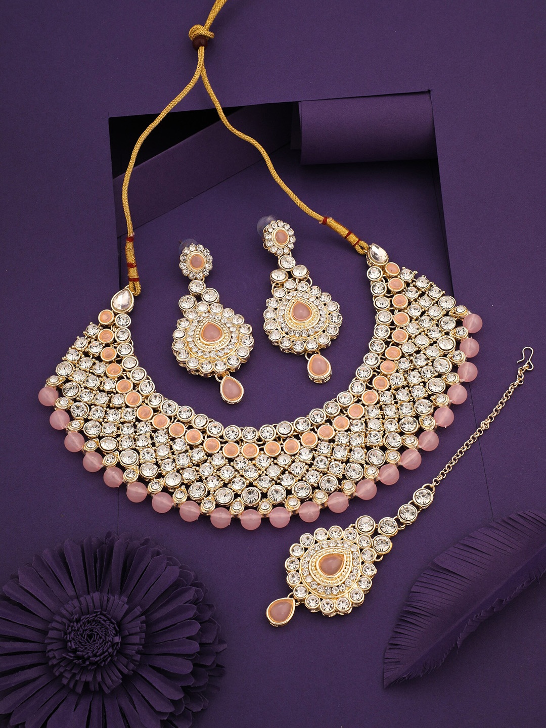 

ROFARWORD Gold-Plated Stone-Studded Beaded Jewellery Set