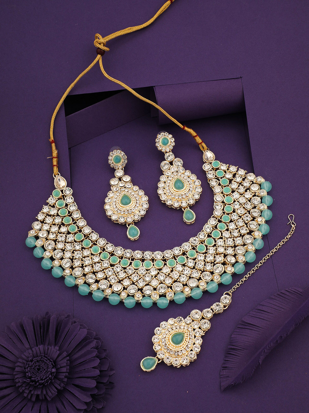 

ROFARWORD Gold-Plated Stone Studded & Beaded Jewellery Set With Maangtikka