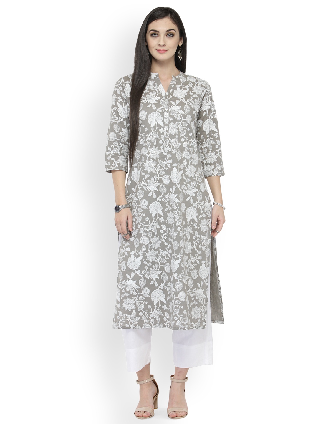 

Varanga Women Grey & White Printed Straight Kurta