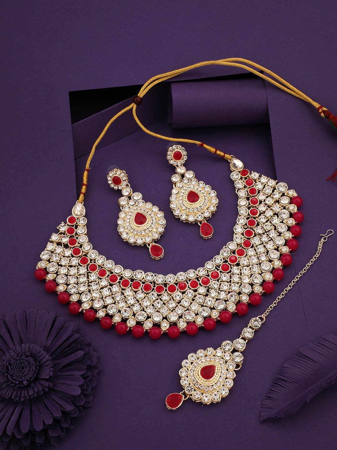 

ROFARWORD Gold-Plated Stone Studded & Beaded Jewellery Set