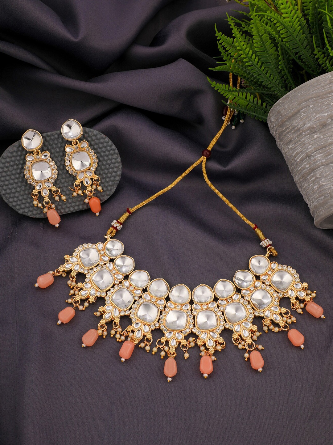

ROFARWORD Gold-Plated Stone-Studded and Beaded Jewellery Set