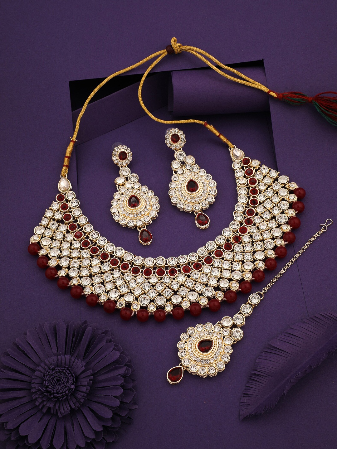 

ROFARWORD Gold-Plated Stone-Studded & Beaded Jewellery Set