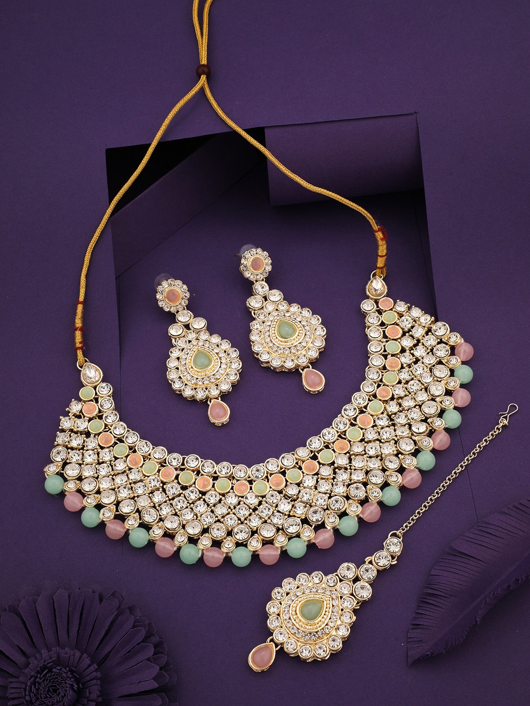 

ROFARWORD Gold-Plated Stone-Studded & Beaded Jewellery Set