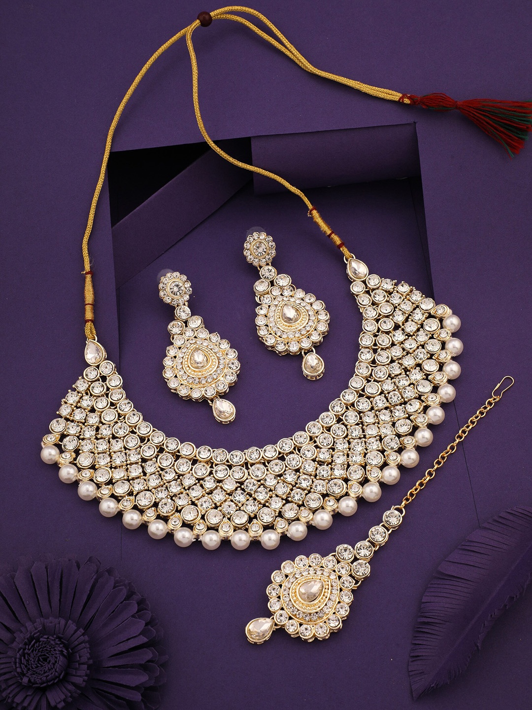 

ROFARWORD Gold-Plated Stones Studded & Beaded Jewellery Set