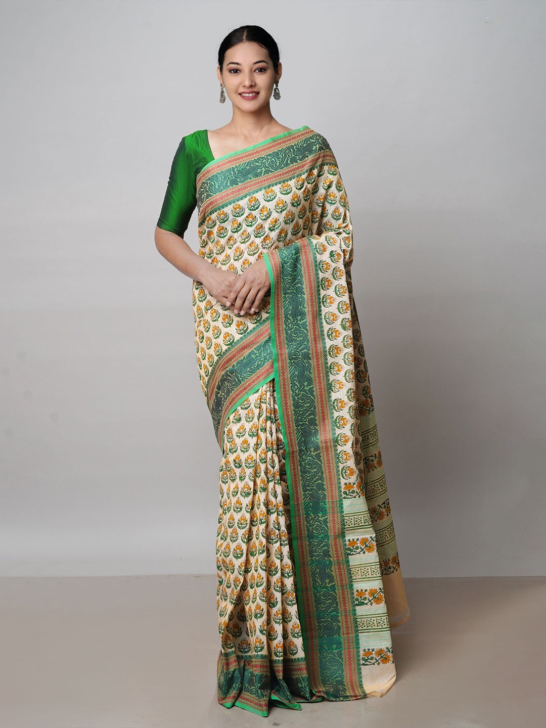 

Unnati Silks Floral Printed Pure Cotton Handloom Chettinad Saree, Beige