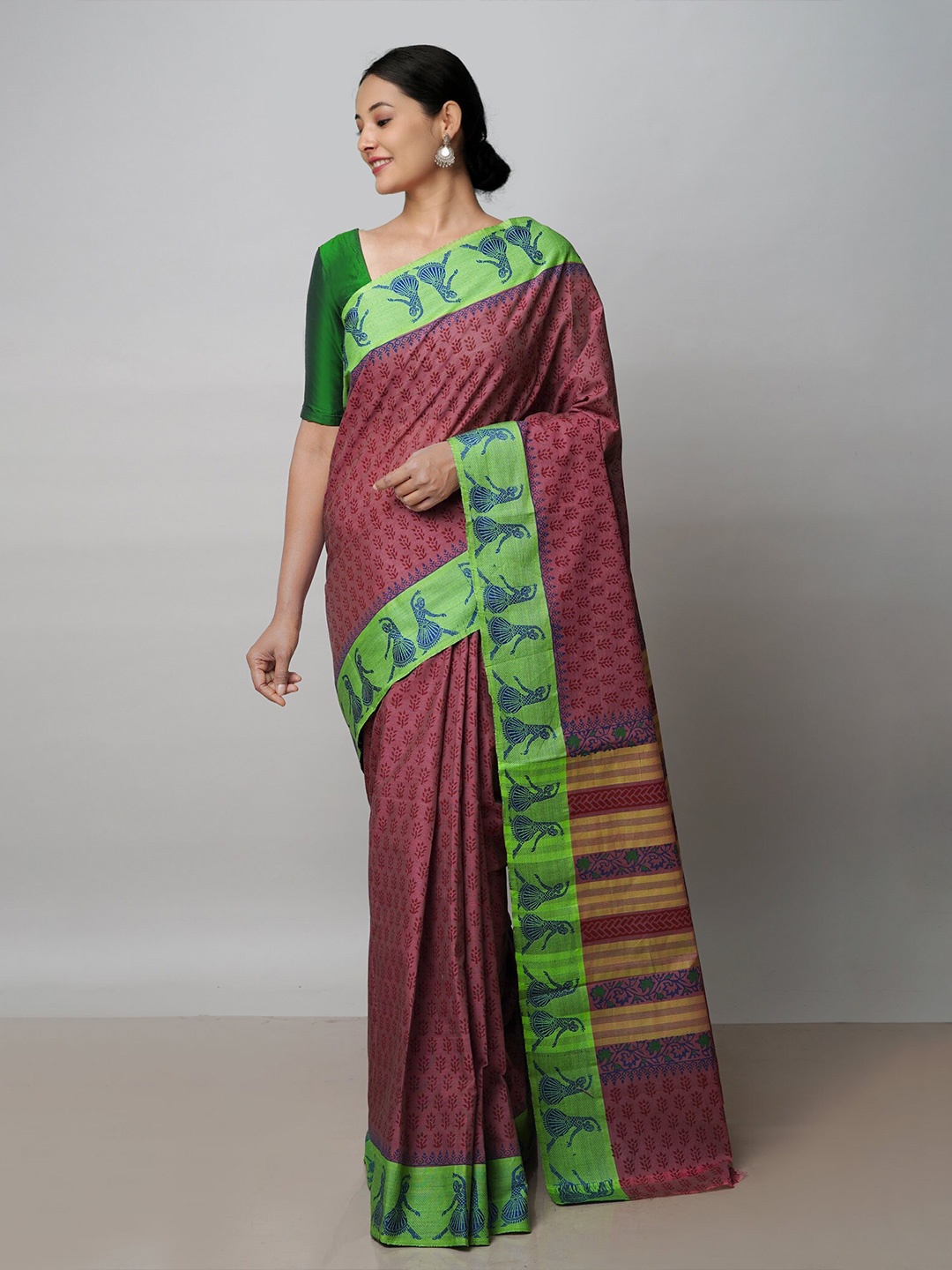 

Unnati Silks Floral Printed Pure Cotton Handloom Chettinad Saree, Burgundy