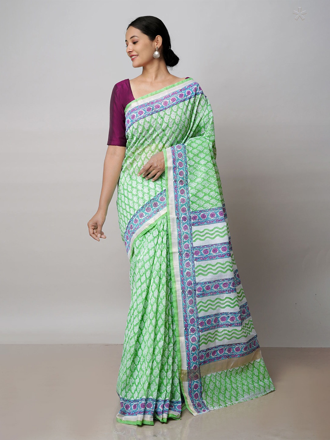 

Unnati Silks Floral Printed Zari Silk Cotton Chanderi Saree, Green